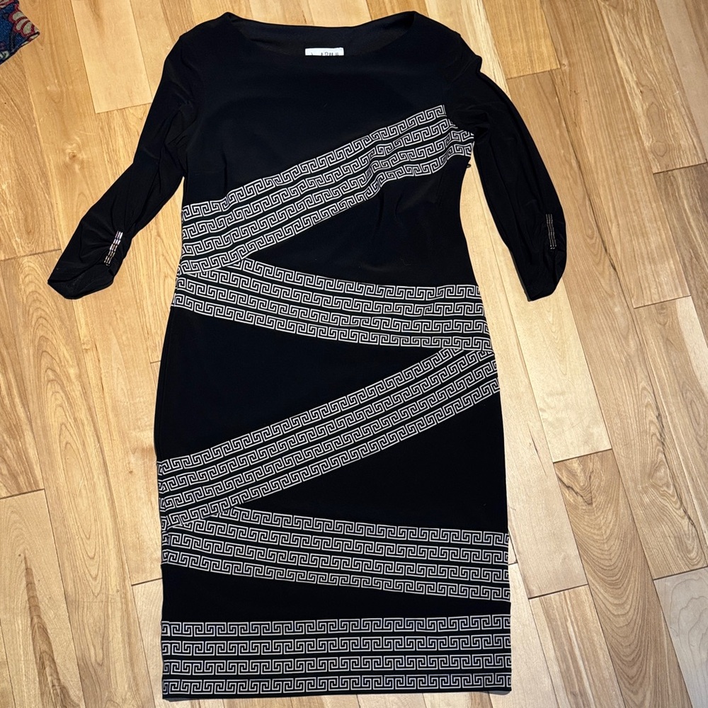 Joseph Ribkoff Black Dress with White Geometric Stripes